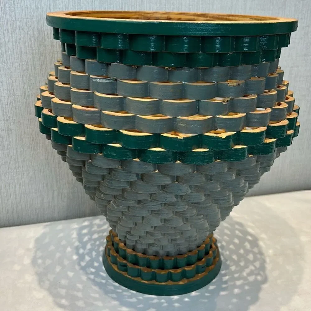 Vintage Handcrafted Wooden Decorative Tornado Bowl Vase Scroll Saw Scalloped